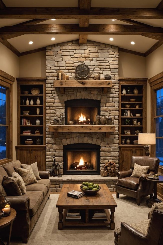 Stone Fireplace Living Room Center