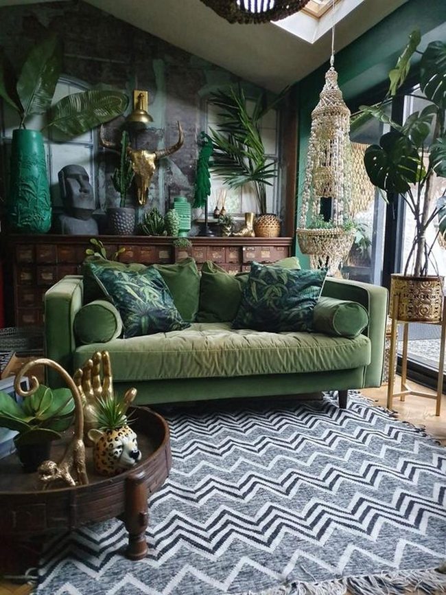 Green Couch Meets Geometric Patterns