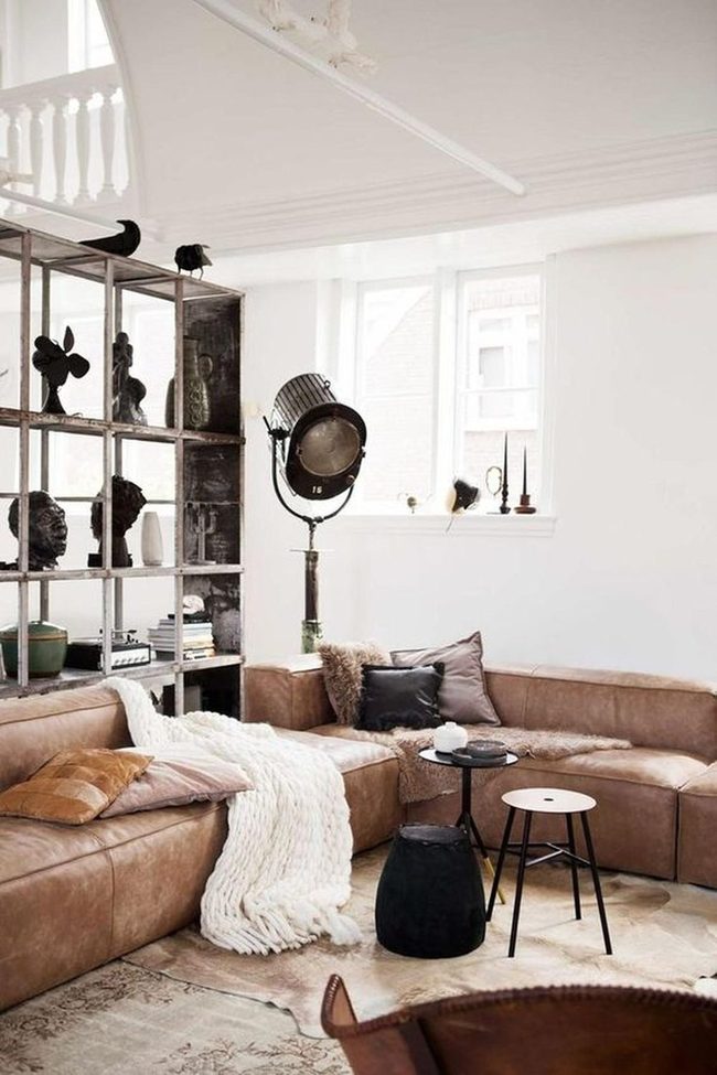 Brown Leather Sectional With Industrial Shelving
