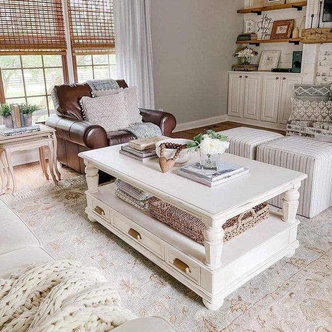 Brown Leather Comfort Meets Farmhouse Storage