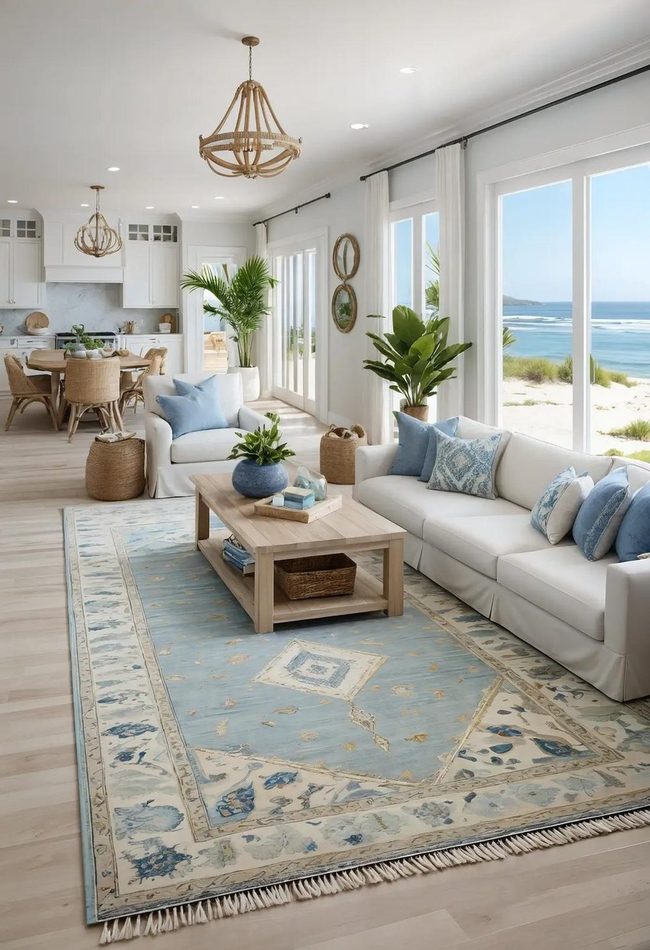 Pale Blue Persian Rug Anchors Coastal Living