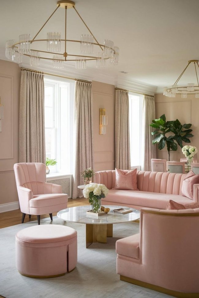 Blush Pink Sofa with Gold Chandelier