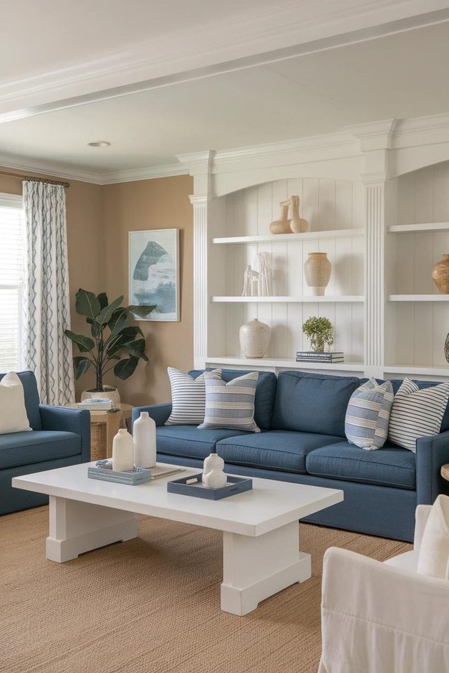 Navy Couch White Walls Beige
