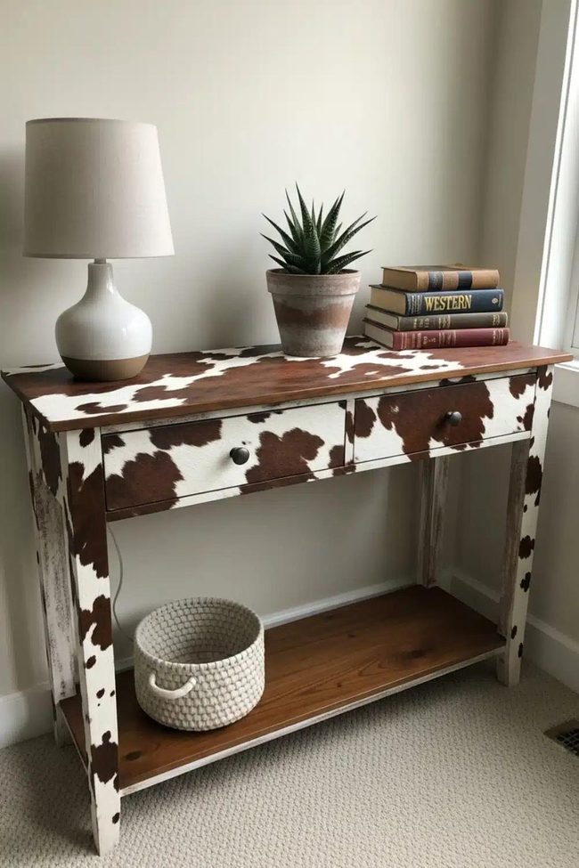 Cream And Cowhide Console Table
