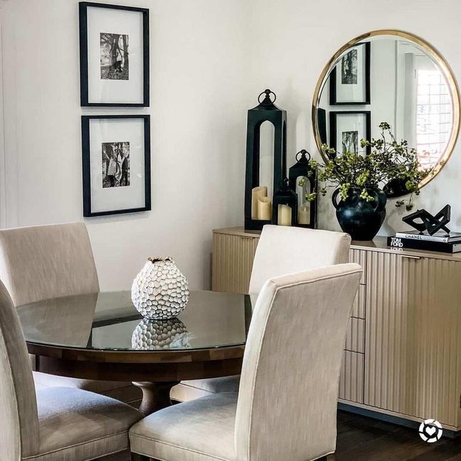 Round Table, Gold Mirror, Black Accents