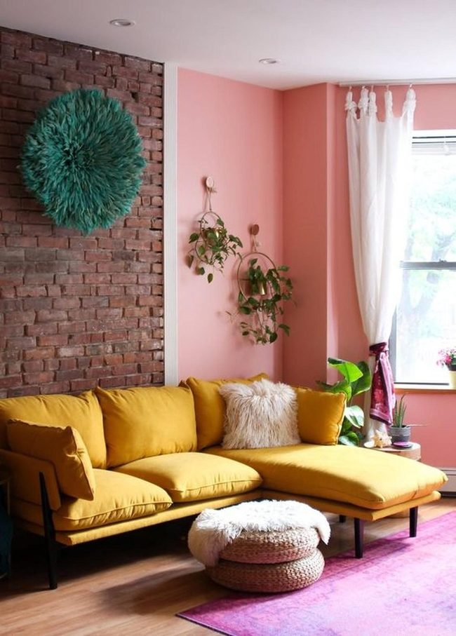 Pink Walls Meet Mustard Yellow Couch