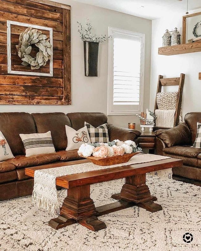 Brown Leather Farmhouse Living Room