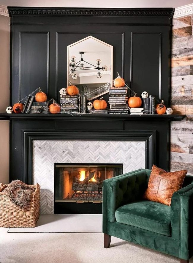 Black Fireplace With Green Velvet Seating