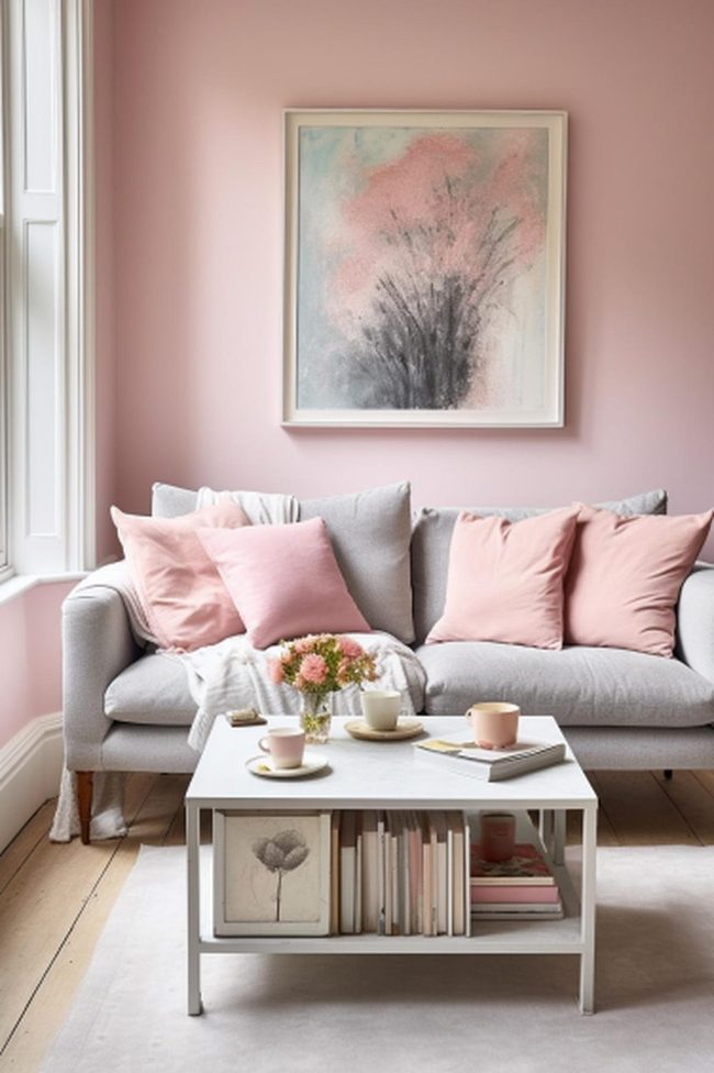 Understated Pink Walls With Grey Sofa