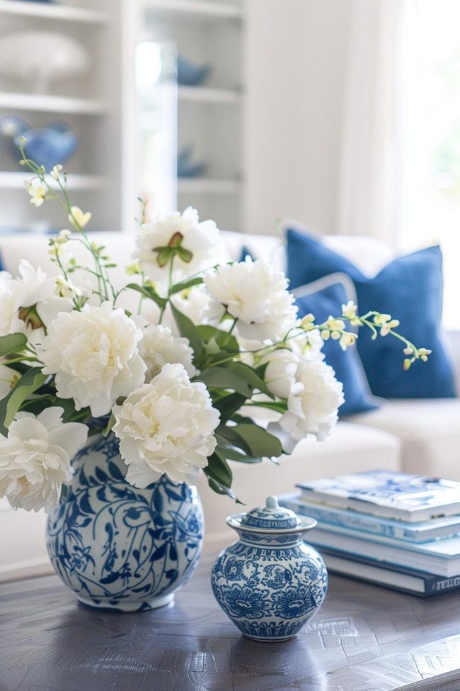 White Peonies In Blue Glass