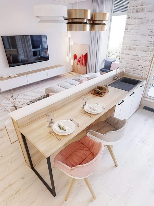 Light Wood Floors, Pink Chairs, Gold Accents