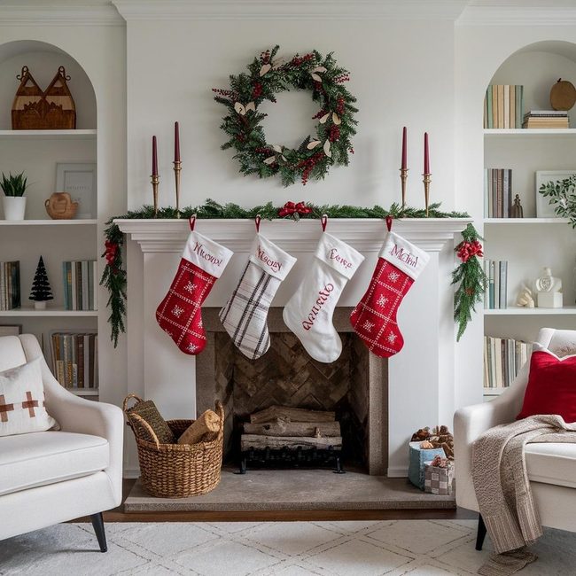 Colorful Stockings Festive Fireplace Display