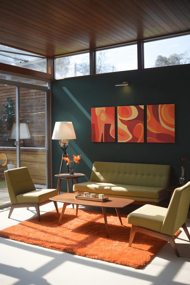 Bold Green Sofa Meets Retro Orange Art