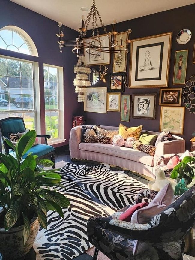 Dark Walls Pink Sofa Statement Art