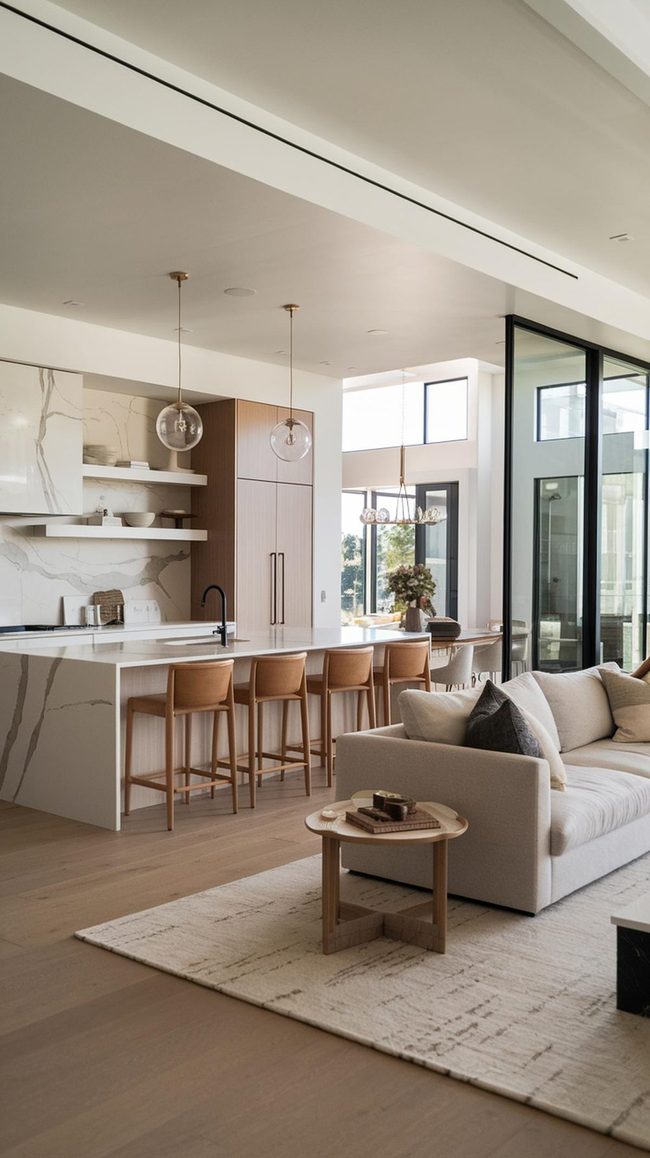White Handleless Cabinetry Open Living Kitchen