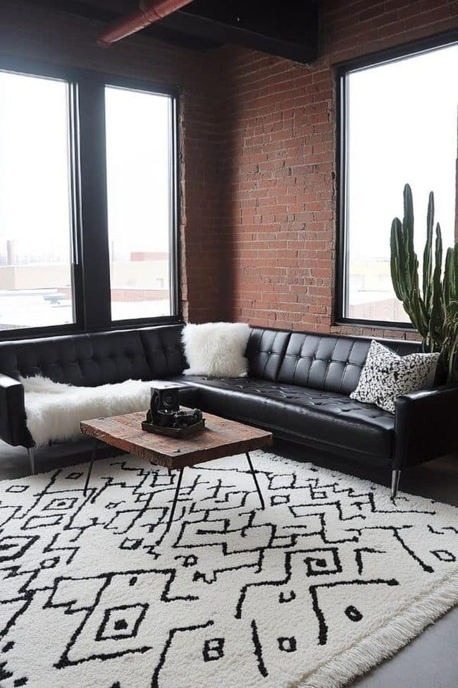Exposed Brick Black Leather Living