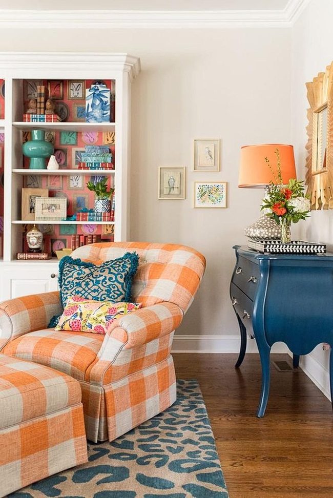 Orange Checked Upholstery With Layered Patterns