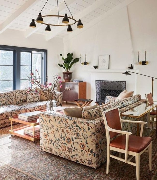 Floral Sofas Meet Modern Chandelier