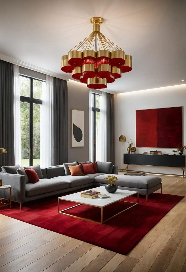 Red Rug Anchored By Statement Chandelier