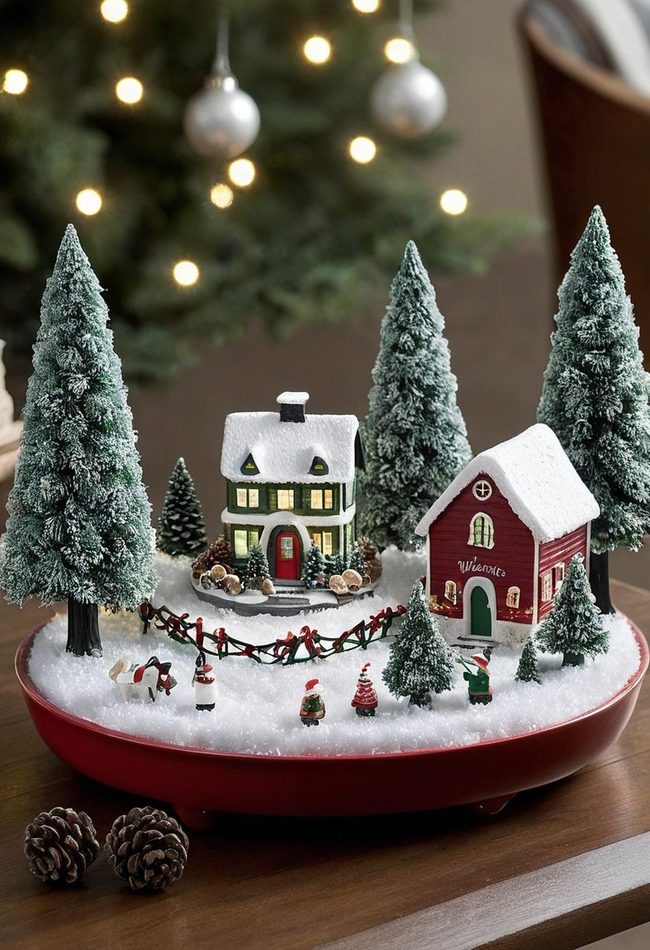 Miniature Snow Village Coffee Table Display