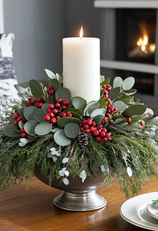Burgundy Berries With Eucalyptus Centerpiece