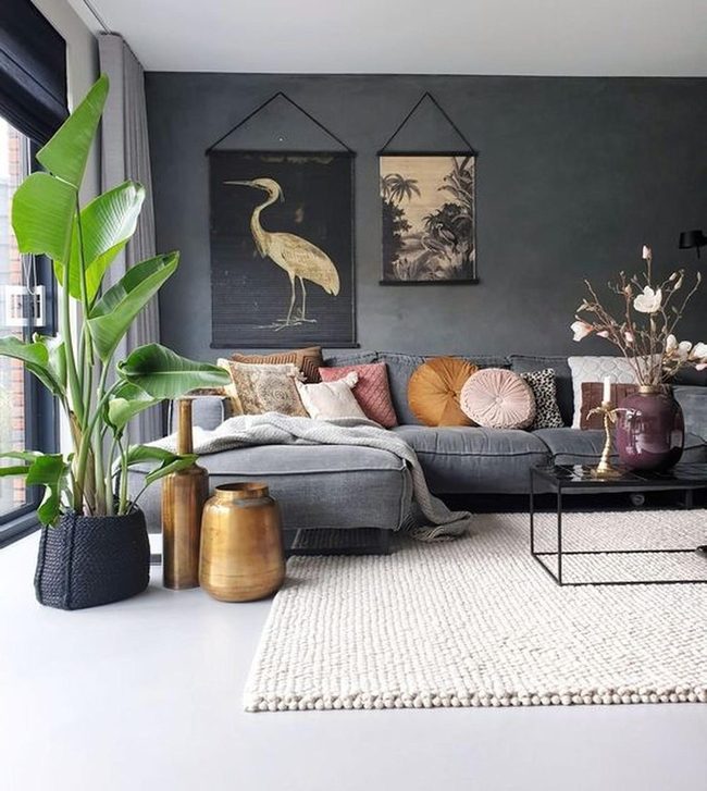 Gray Walls, Dark Sectional, Warm Accents