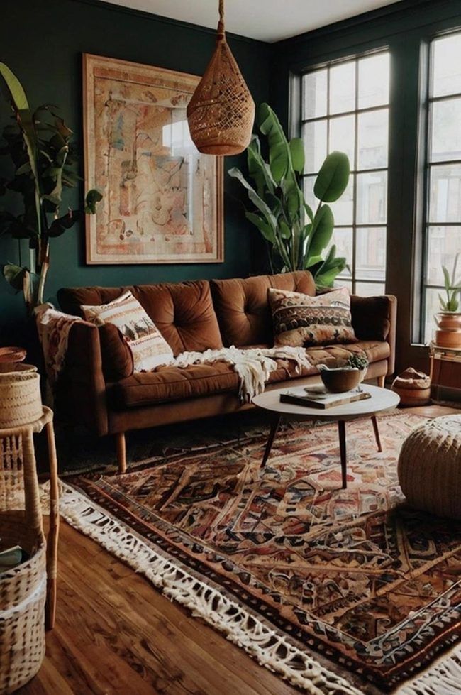 Patterned Rugs Meet Dark Brown Sofa
