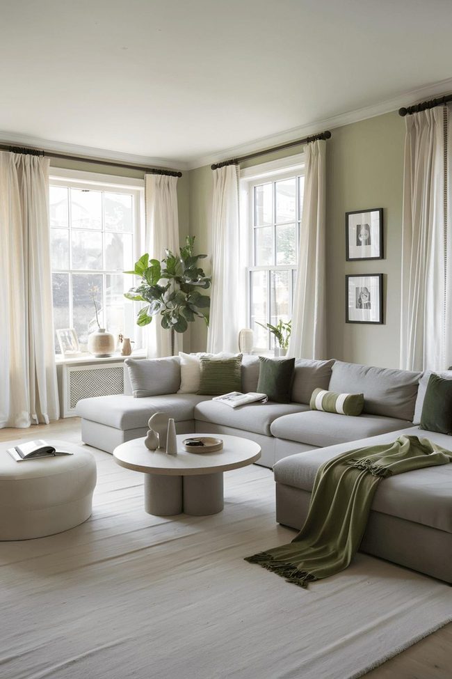 Luminous Green Walls With Gray Sectional