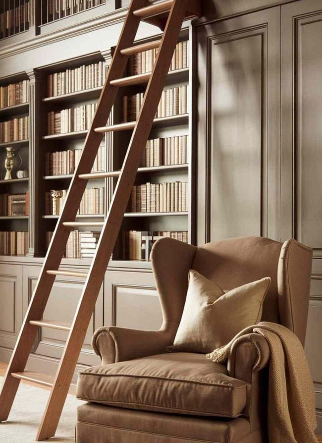 Wooden Ladder Against Bookshelves