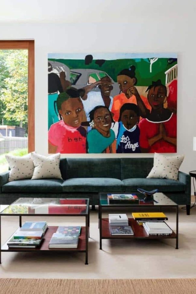Emerald Velvet Sofa With Statement Art