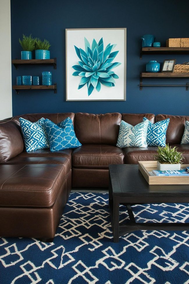 Brown Leather Sectional With Electric Blue Accents