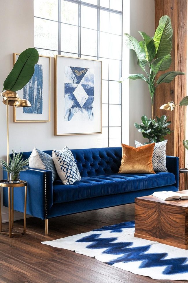 Midnight Blue Velvet With Geometric Earth Tones