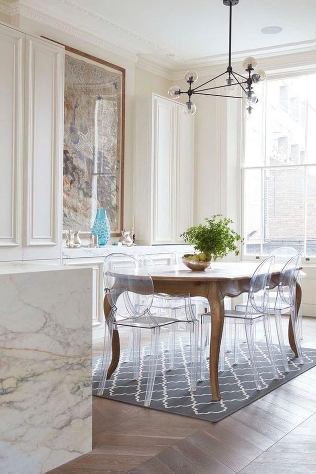 White Dining Room With Spherical Chandelier