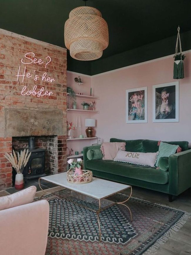 Green Velvet Couch Pink Brick Walls
