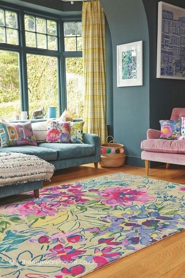 Floral Rug Anchors Colorful Living Room