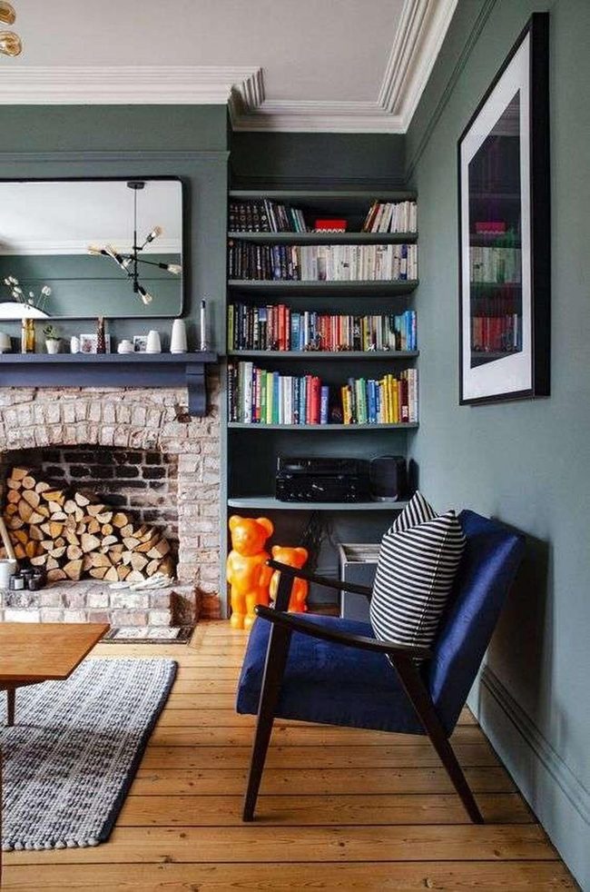 Soft Green Walls, Brick Fireplace