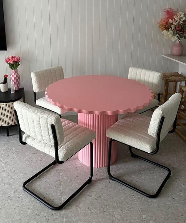 Pink Wavy Tables With Cream Chairs