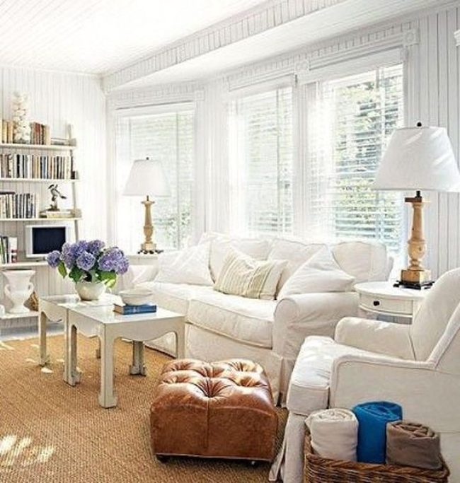 Sunlit White Room, Brown Leather Warmth