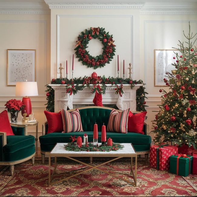 Red Velvet Green Garland Room