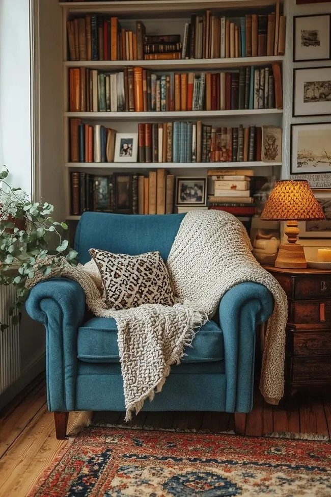 Navy Blue Loveseat Reading Corner