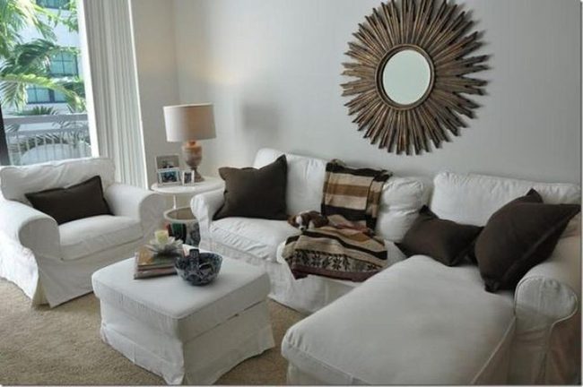 Sunburst Mirror Brightens Neutral Living Space