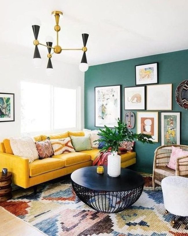 Bright Yellow Sofa Green Wall Statement