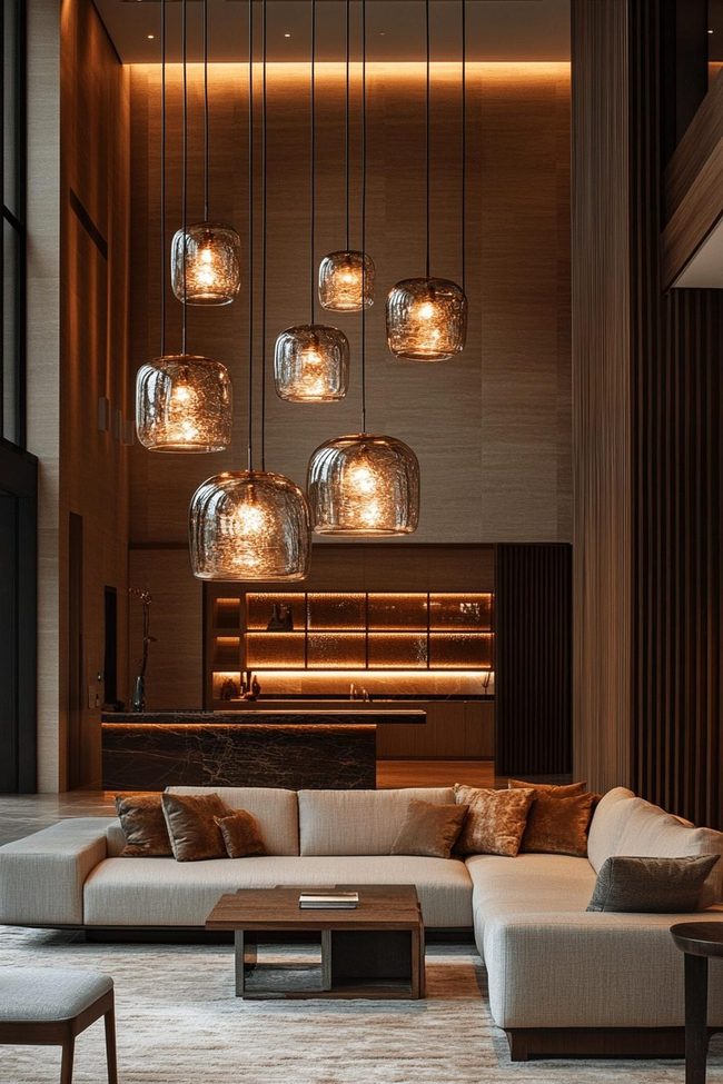 Warm Gold Pendant Lights Overhead