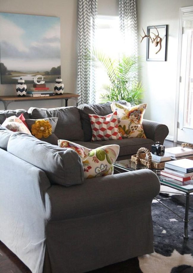 Gray Couch, Patterned Pillows, Natural Light