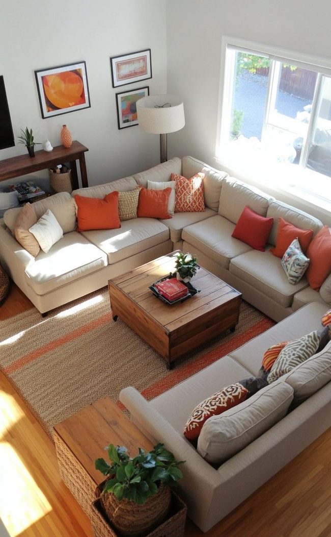 Orange Sectional with Patterned Pillows