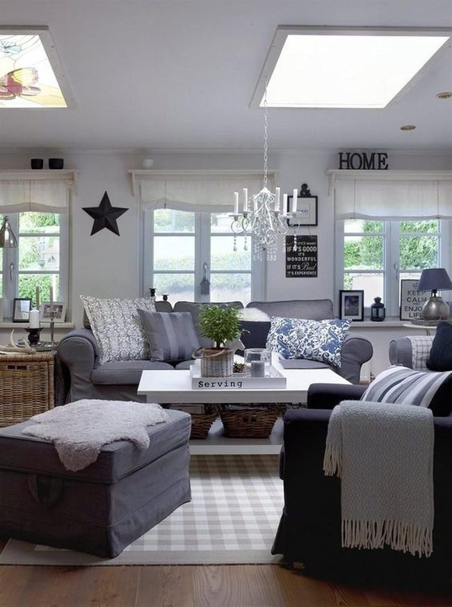 Sunlit Gray Living Room With Natural Wood