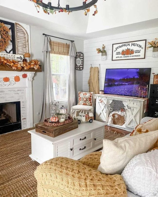White Fireplace With Autumn Harvest Details