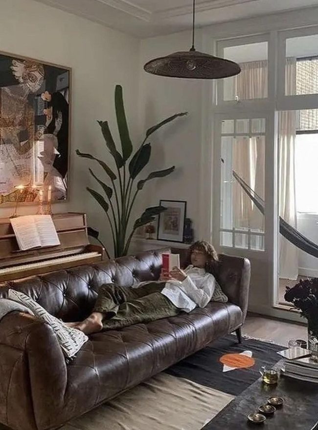 Sunlit Living Room With Brown Leather