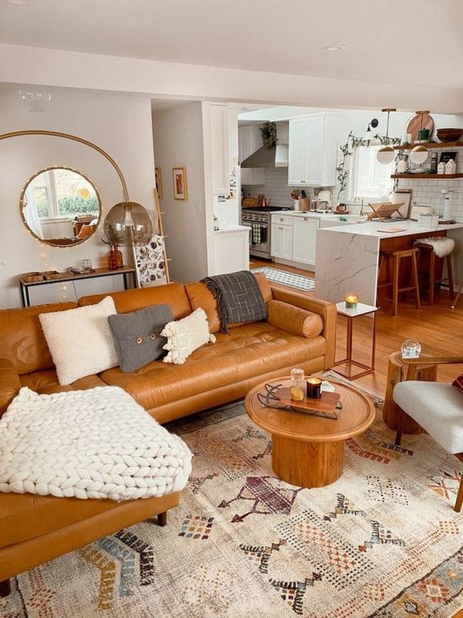 Round Wood Table With Geometric Rug Foundation