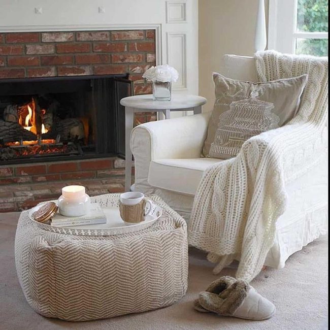 Brick Fireplace White Armchair Corner